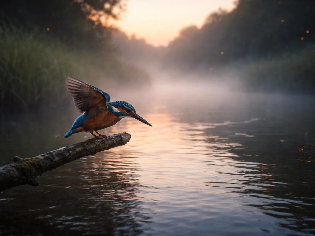 Kingfisher perched near a calm river at dusk with soft dreamy mist and gentle ripples.