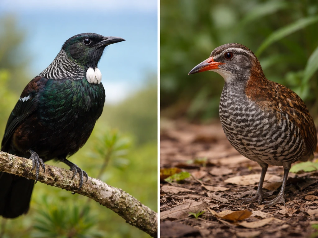 Side-by-side tūī and Guam rail birds on natural perches with blurred New Zealand vs Guam backgrounds.