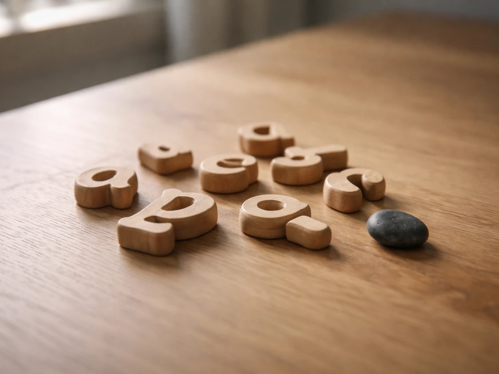 Close-up of carved wooden letterforms and a small stone on a desk with warm natural light