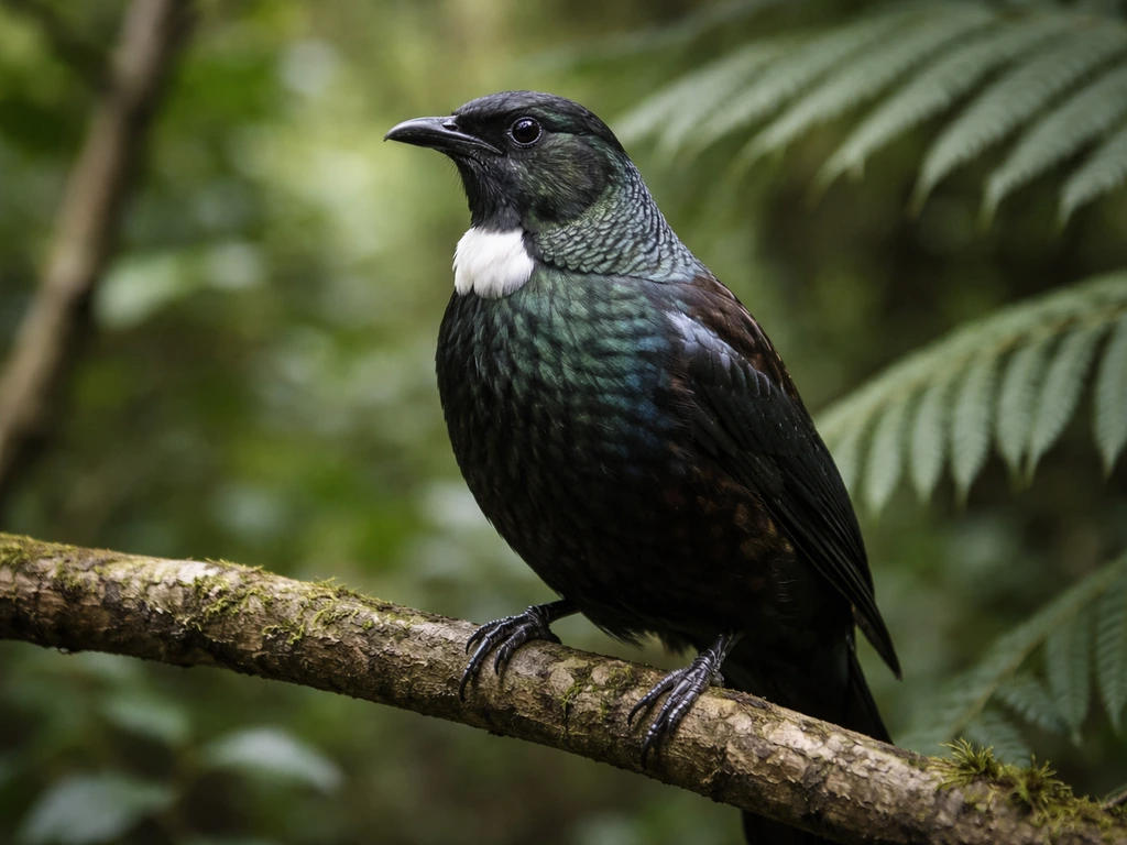 Iridescent black tūī honeyeater with a white throat tuft perched among native leaves