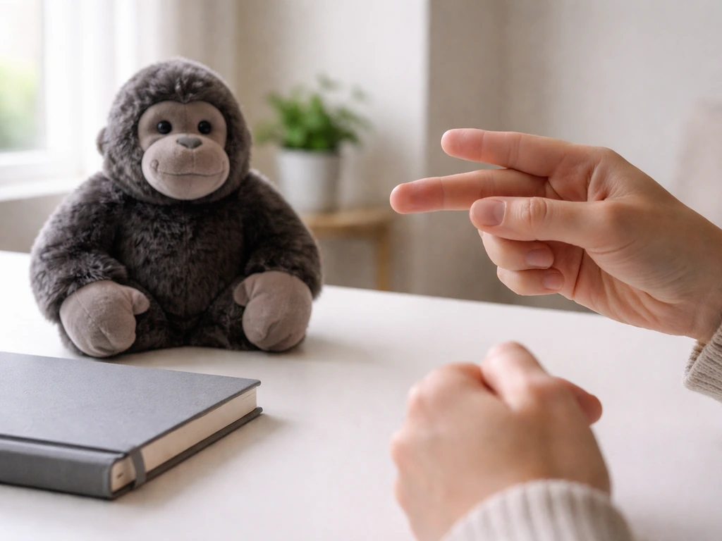 Anonymous hands in sign language next to a plush gorilla on a simple desk, hinting “koko” as non-bird.