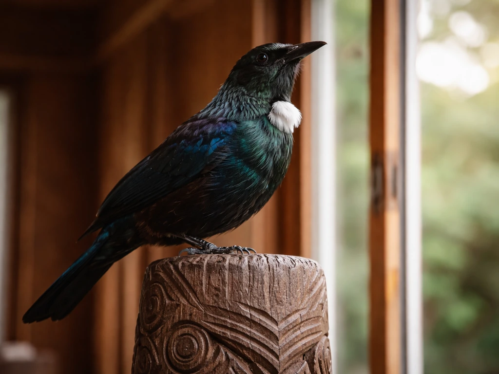 A tūī bird perched near traditional Māori carved wood, with soft feathers and open sky suggesting voice