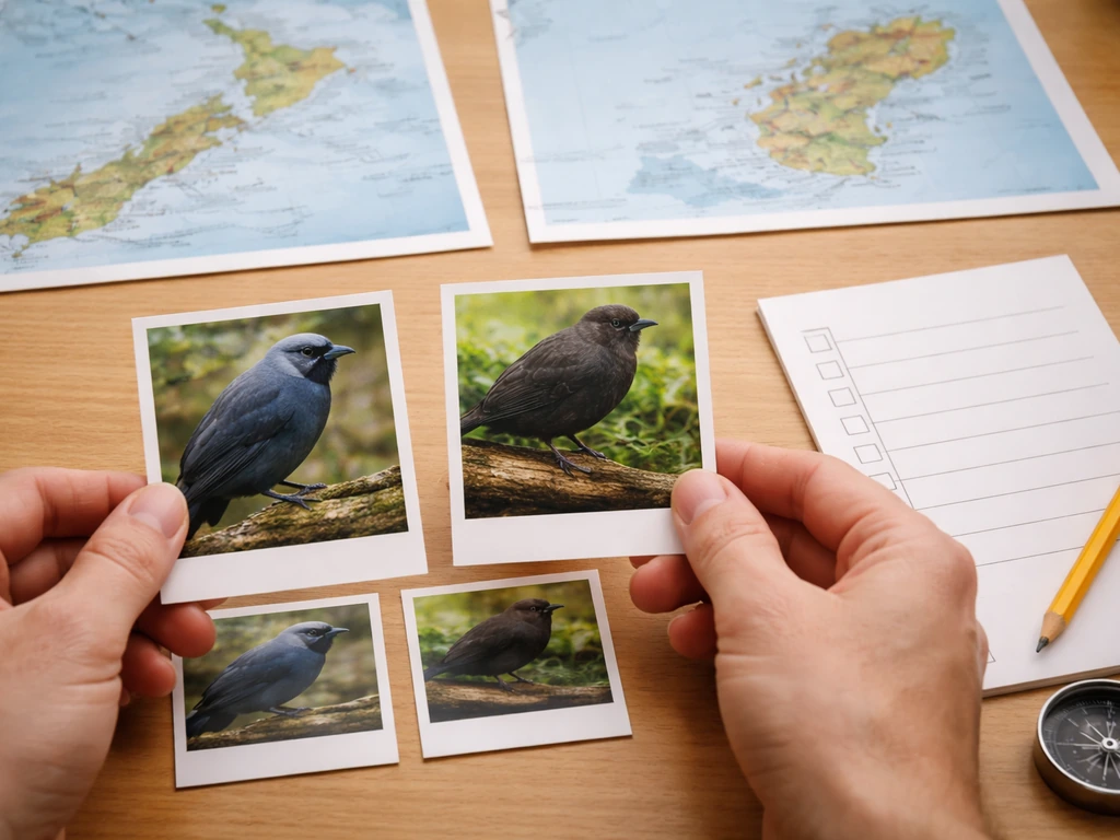 Hands on a desk comparing two kokako-like bird cards beside a map showing NZ and Guam.