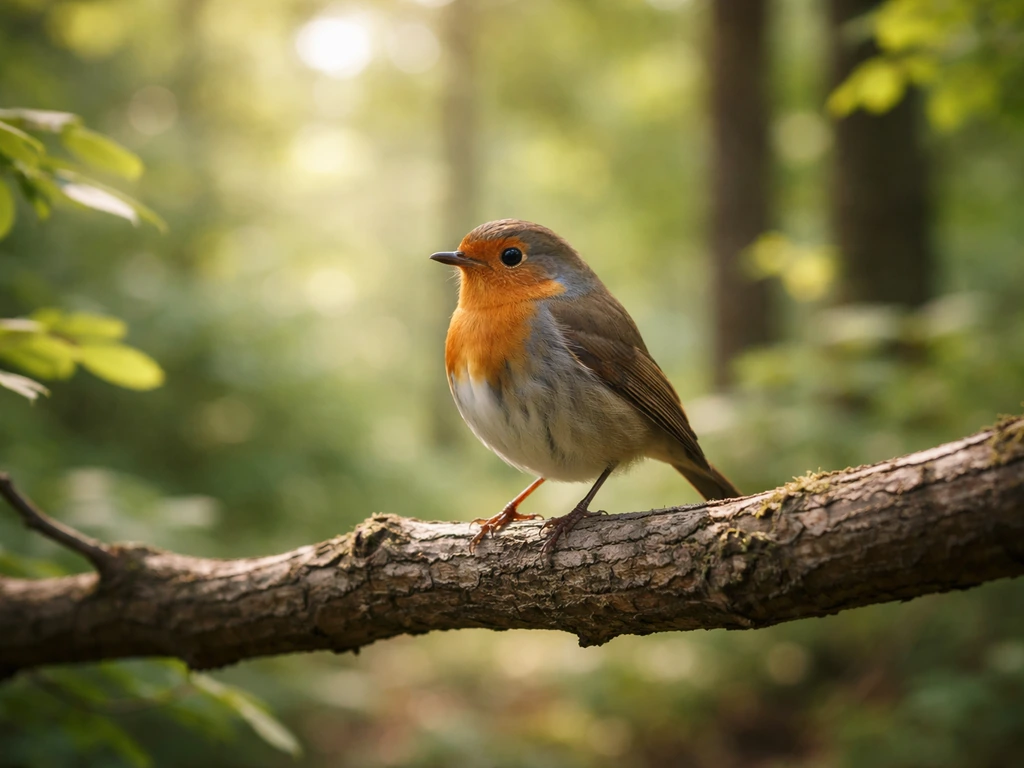 A small wild bird perched on a branch in soft natural light with a blurred forest background.