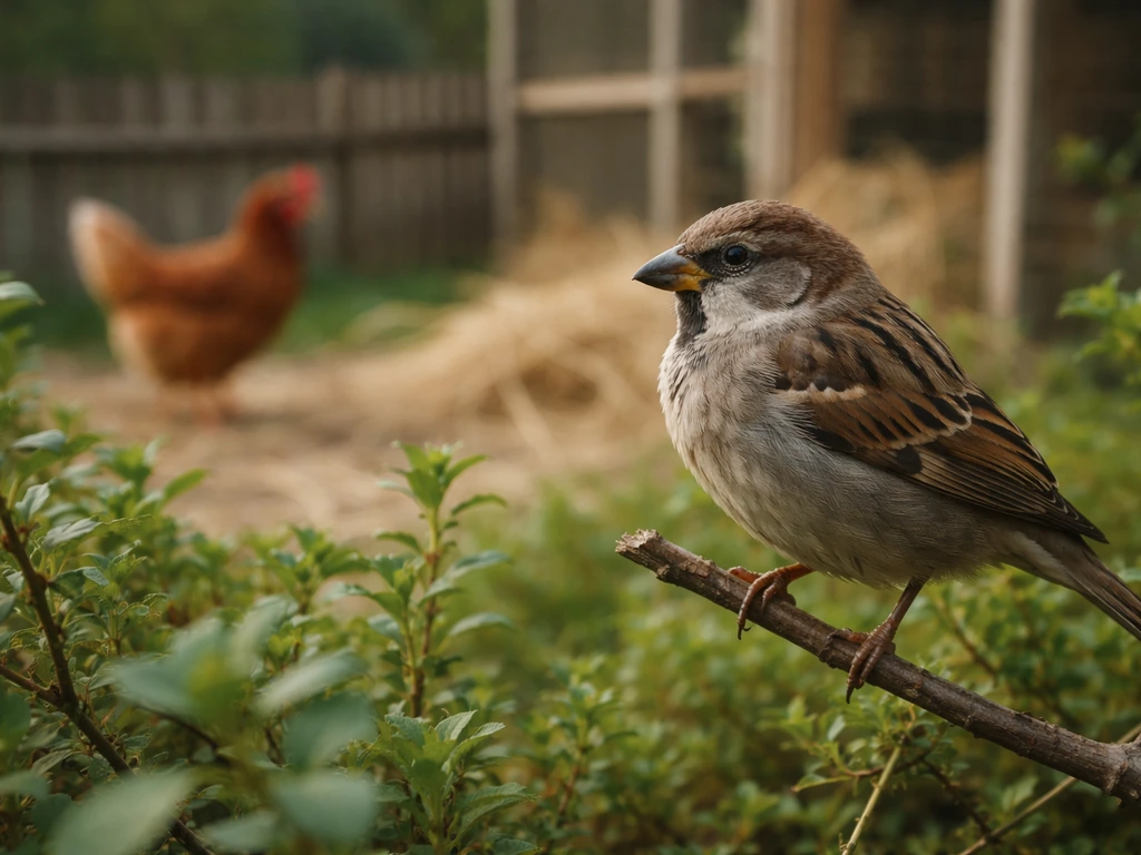 Close-up of a wild sparrow in shrubs with a blurred chicken coop context behind it.