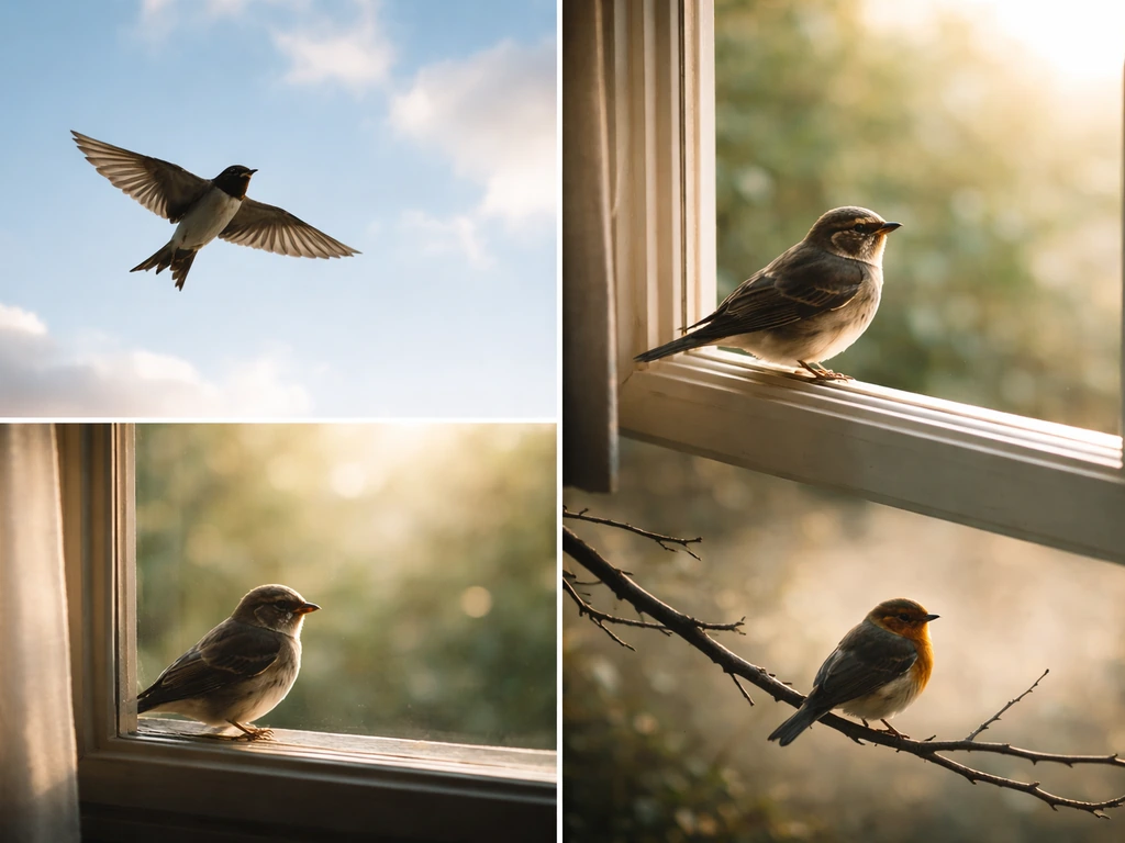 Three wild birds in separate calm scenes—one in open sky flight, one by a window, one on a branch—symbolic themes