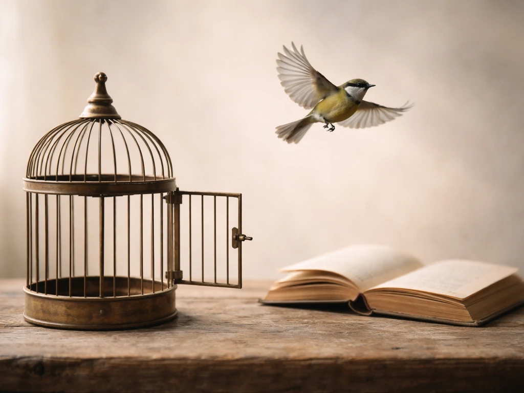 Open birdcage with a bird taking flight beside a weathered book suggesting culture and poetry.