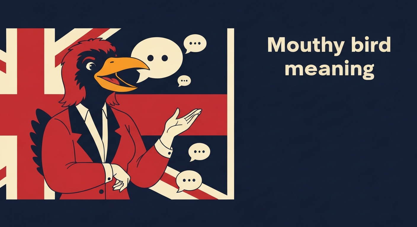 Stylized anthropomorphic bird-woman speaking confidently, vector editorial illustration in tabloid-inspired colors