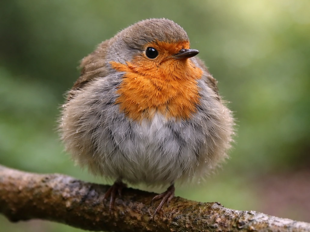 A single bird perched on a branch with noticeably fluffed feathers, forming a round puffed-up silhouette.