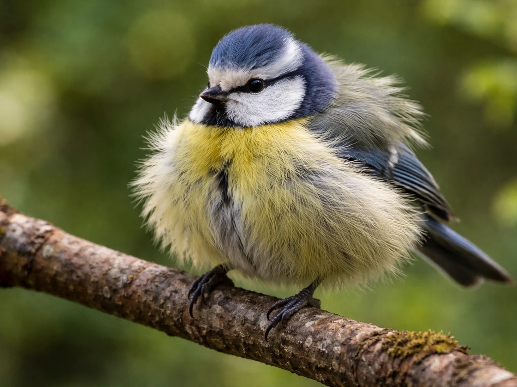 Close-up of a perched bird puffing up, feathers lifted away from its body in a round silhouette.