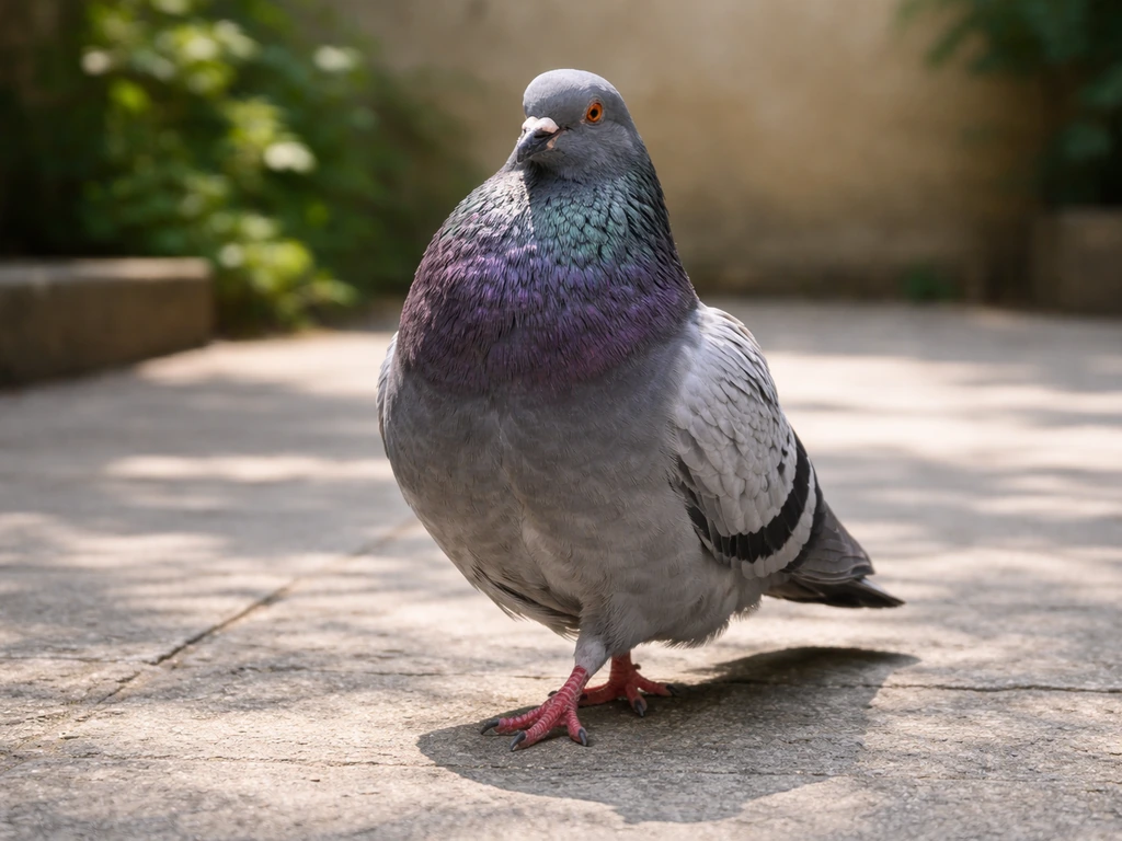 A chest-puffed pigeon strutting confidently in a quiet outdoor courtyard.