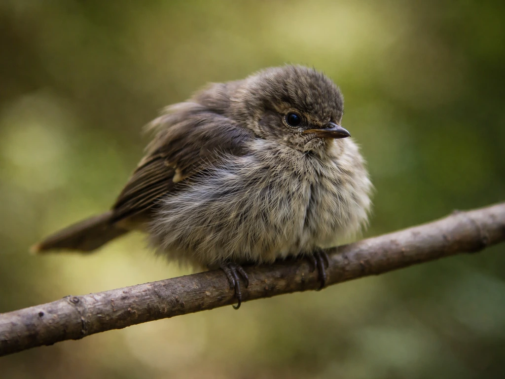 Puffed-up small bird sitting low and still, looking unwell in a quiet natural setting