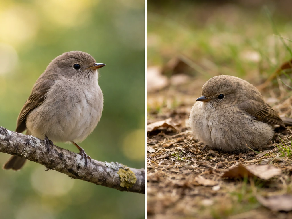 Two small wild birds side by side: one calm and smooth-feathered, the other puffed and less active on the ground.
