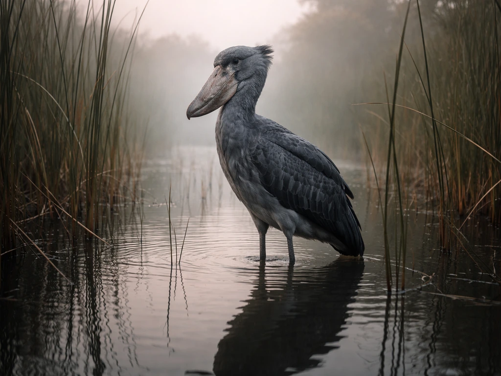 A slate-gray shoebill standing in shallow wetland water beside reeds, bill silhouette prominent.