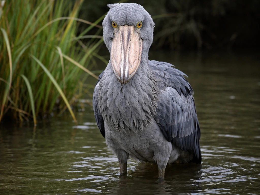 Close-up of a shoebill standing upright in shallow swamp water, showing its distinctive shoe-shaped bill.