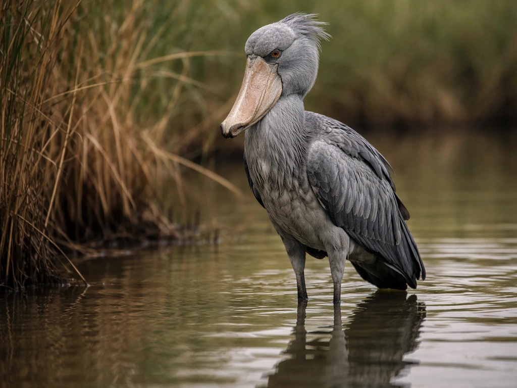 Minimal photo showing a shoebill-like bird with pronounced bill, standing motionless near shallow water