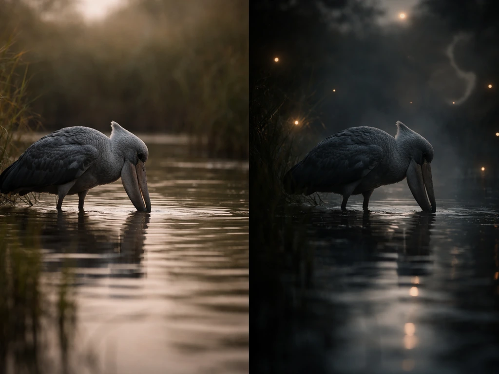 Shoebill bird in a quiet marsh with soft light, contrasting with shadowy internet-symbol vibe