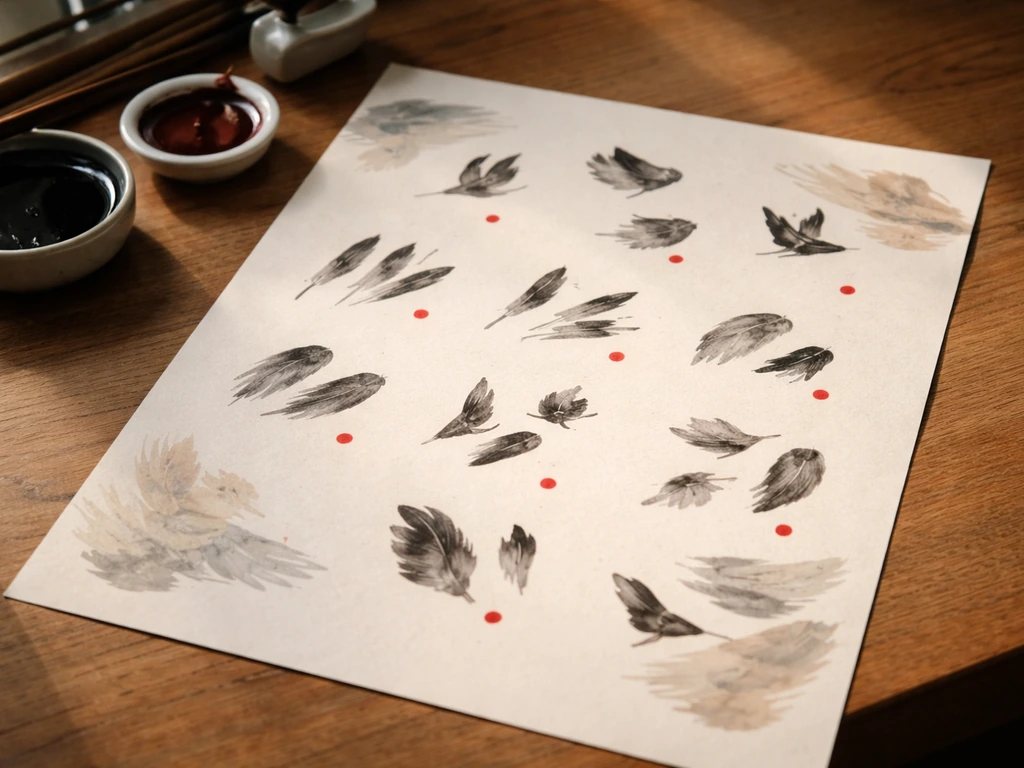 Tabletop paper with grouped ink-brush strokes and subtle abstract bird-feather textures for bird-name character meanings