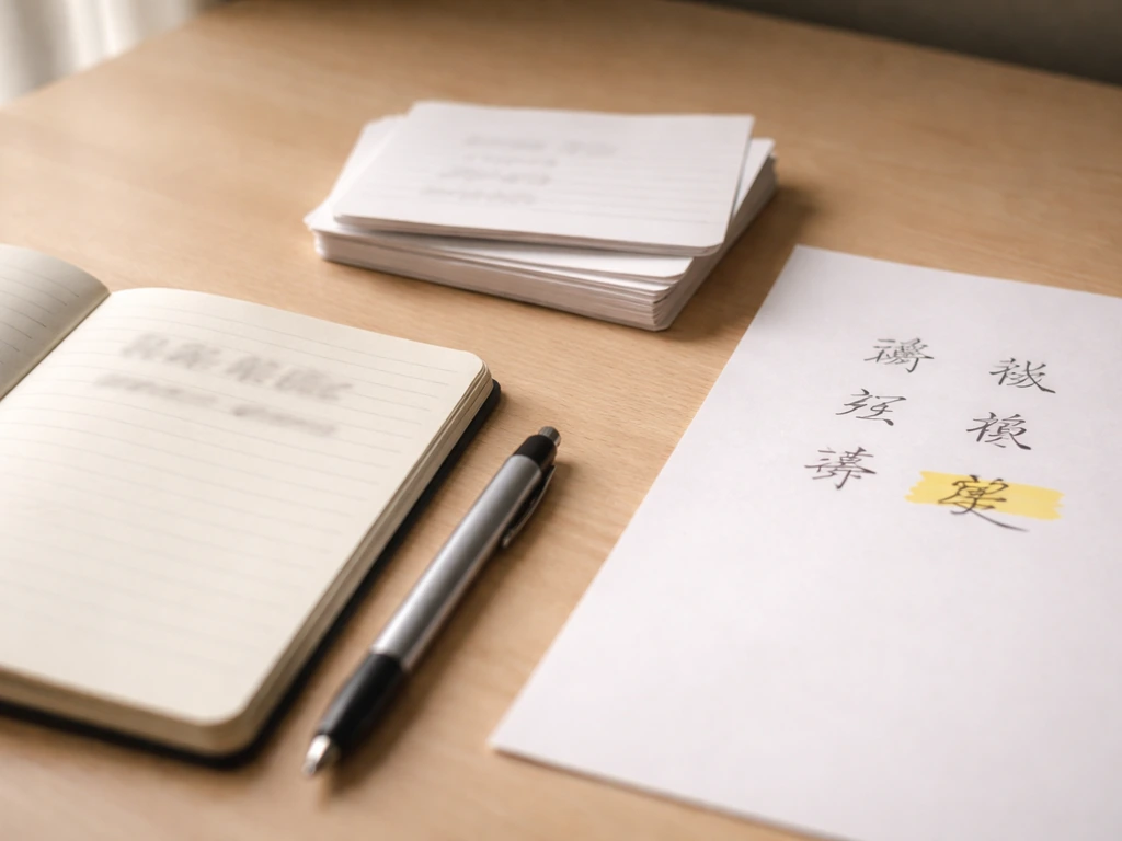 Minimal desk photo showing romanized entry, candidate cards, and highlighted Chinese characters on paper.