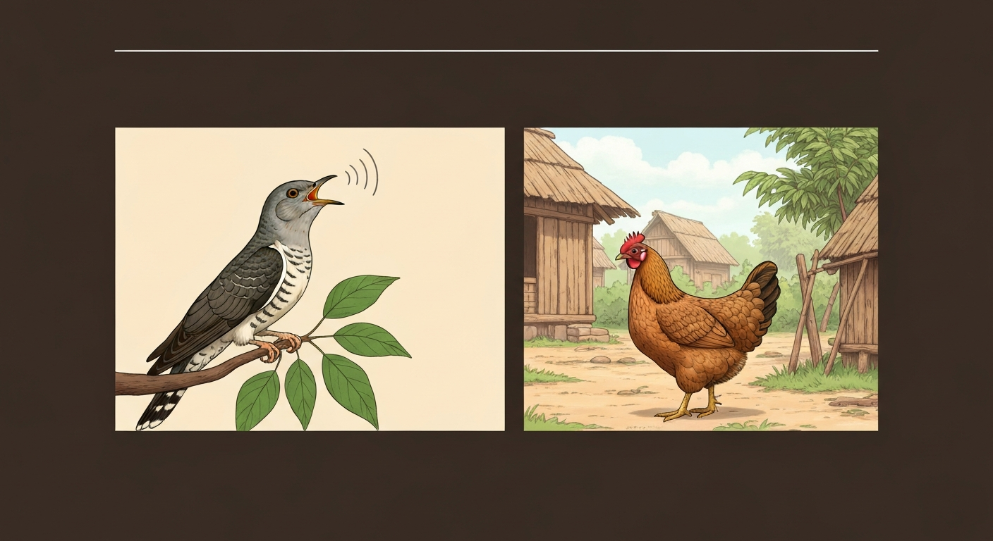 Split illustration: a cuckoo singing on a branch (left) and a domestic hen in a yard (right), representing the two primary meanings of 'kuku' across languages.