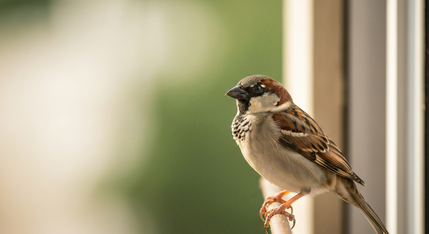 Photograph of a house sparrow (chidiya) perched on a windowsill with a soft natural background, suitable as a hero image for an article about the Hindi word chidiya.