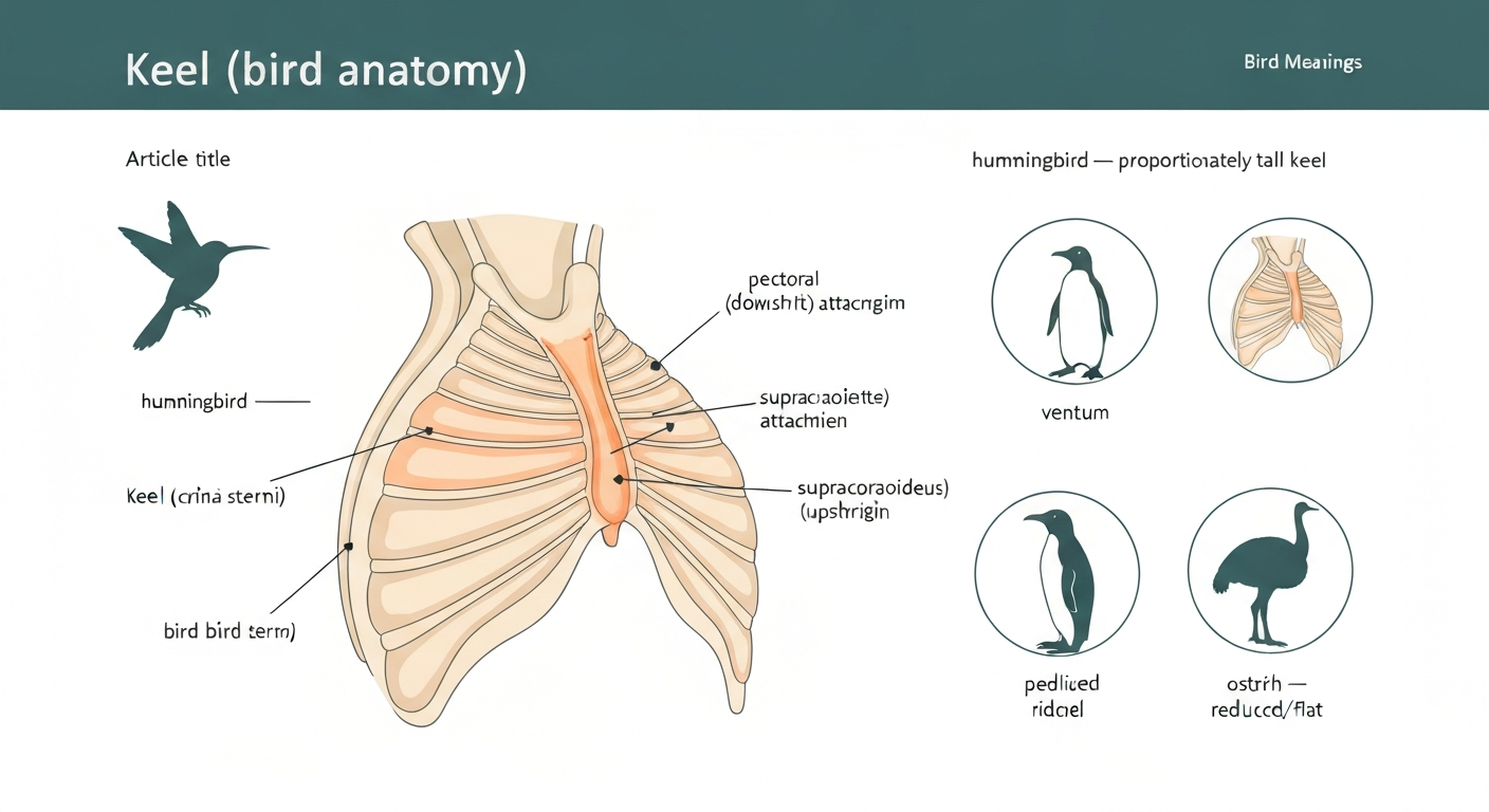 Labeled educational diagram of a bird sternum showing the keel (carina) in side and ventral views, with inset silhouettes of a hummingbird, penguin, and ostrich illustrating keel variation and arrows indicating pectoral and supracoracoideus muscle attachments.