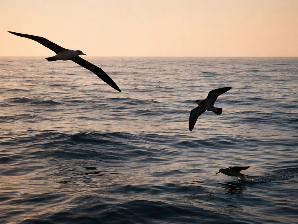 Three pelagic seabirds in silhouette flying over open ocean at golden hour