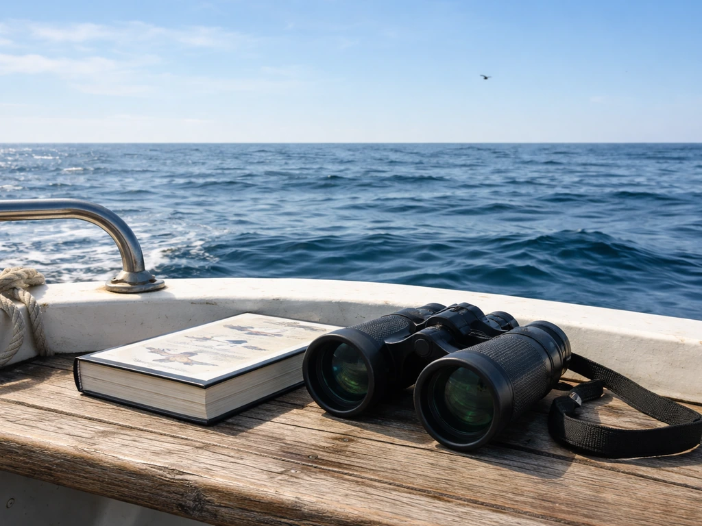 Binoculars and a field guide on a boat deck with the ocean horizon and a distant bird.