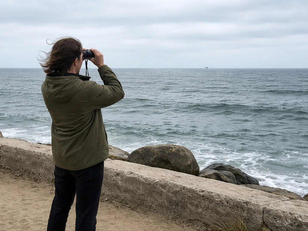 Person with binoculars on a shoreline looking toward open water where a lone seabird is visible far offshore.