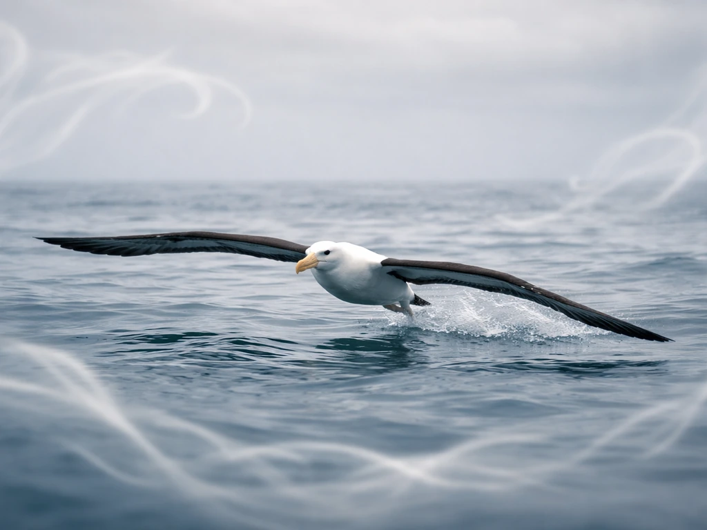 An albatross gliding over a calm ocean with soft, abstract waves suggesting language and cultural symbolism