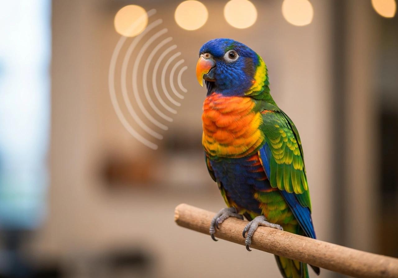 Vivid parrot perched and looking forward, with subtle repeating speech-like visual echoes in the background.