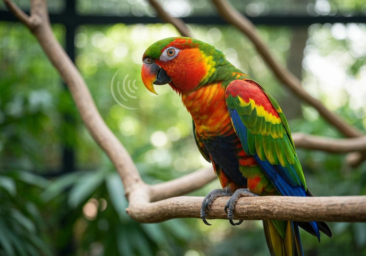 Bright parrot perched on a branch in a tropical aviary with subtle sound-wave echo near its beak.