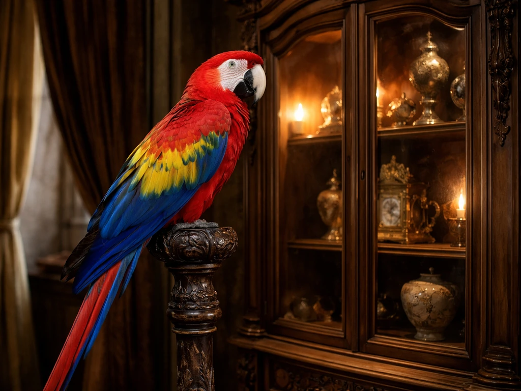 A vividly colored parrot perched beside an old display cabinet in a refined collector’s room