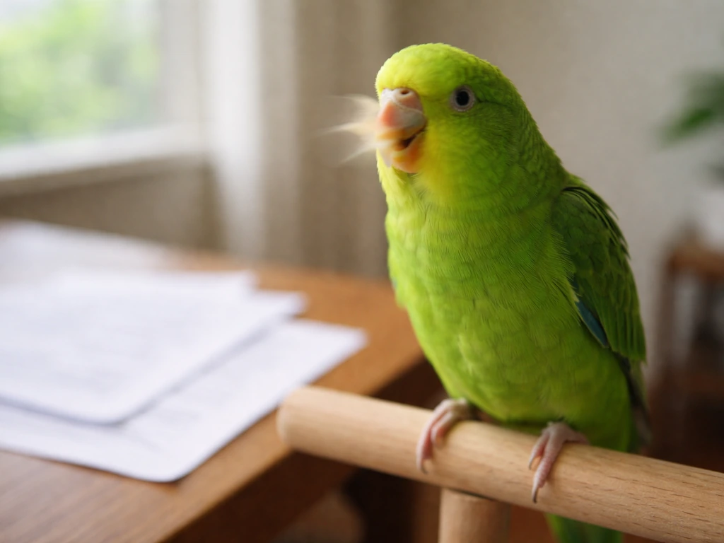 Bright green parrot perched on a wooden dowel, conveying noisy, repetitive speech in a quiet room.