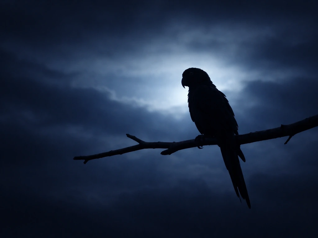 A silhouetted parrot perched against twilight clouds, softly lit with an ethereal glow for dream-omen mood.