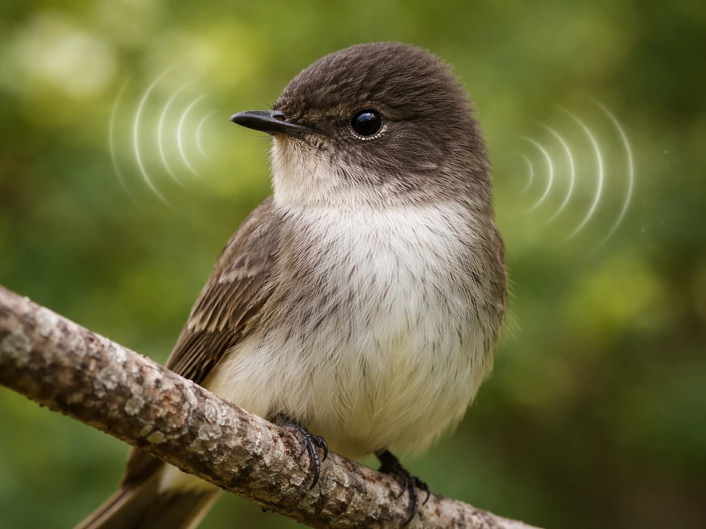 Close-up of an Eastern Phoebe on a branch with faint light wave arcs suggesting its whistled call.