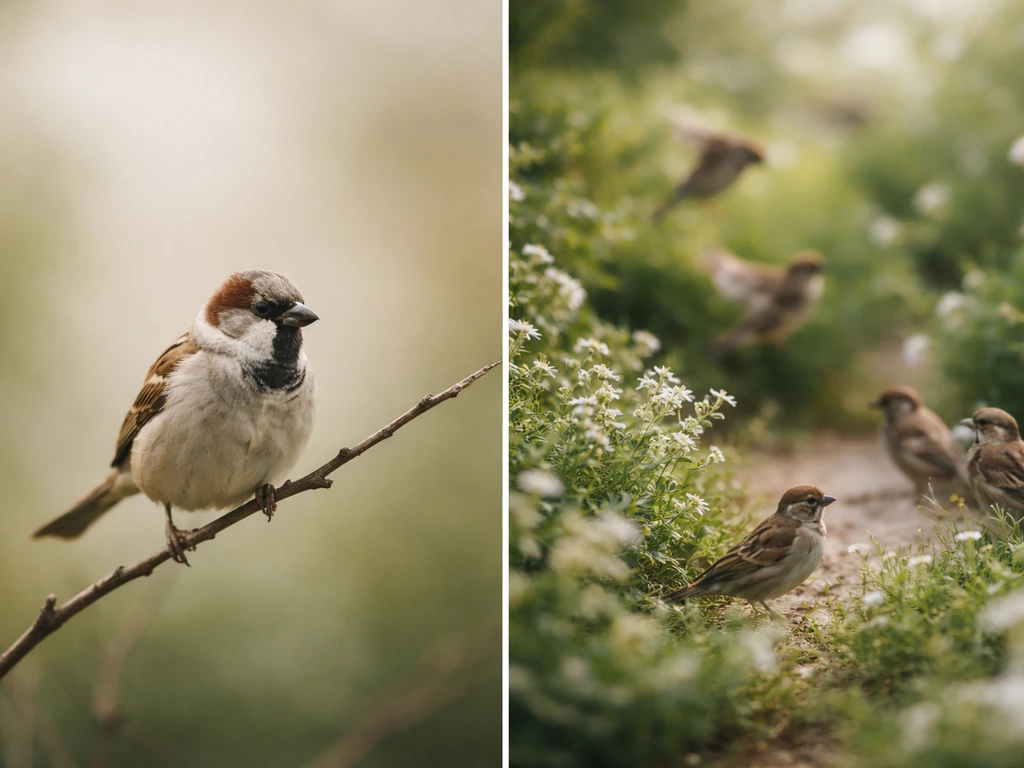 Side-by-side views of a perched small bird and a softly blurred garden scene suggesting bird chatter.