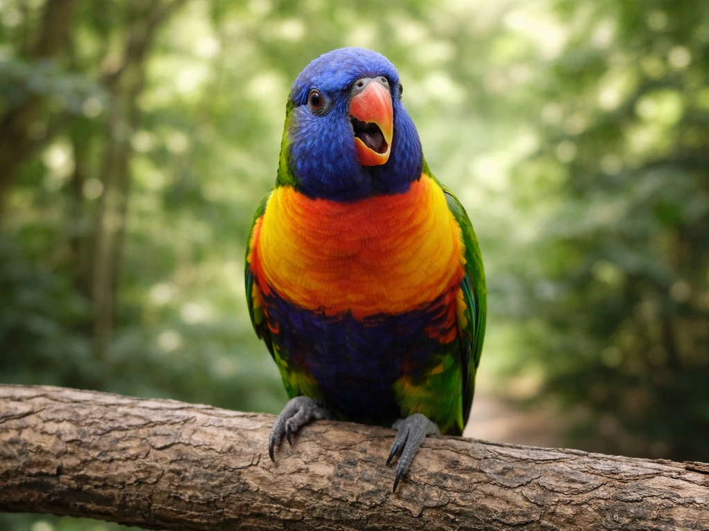 A colorful parrot perched on a branch, captured mid-chatter with open beak and alert gaze.