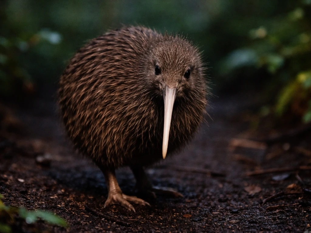 Close-up of a kiwi bird’s hair-like feathers and long bill on forest soil, softly blurred background.