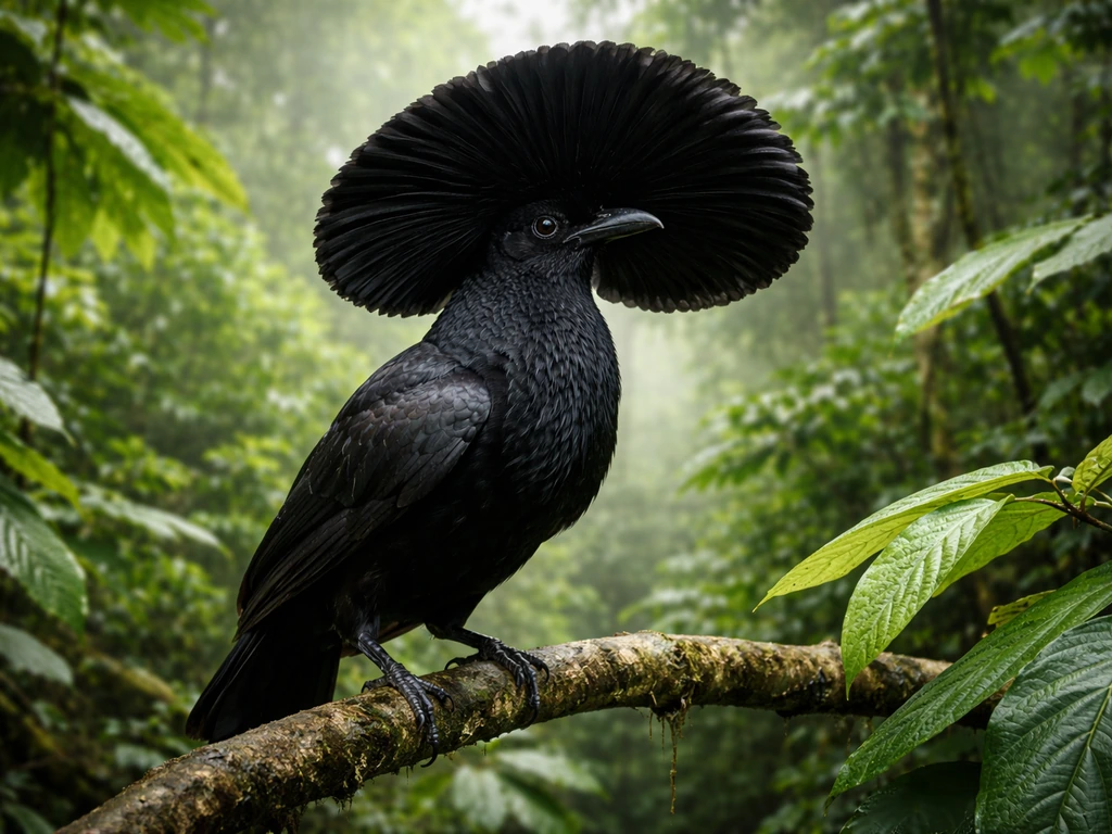 Male umbrella bird with crest spread perched in a lush tropical rainforest.