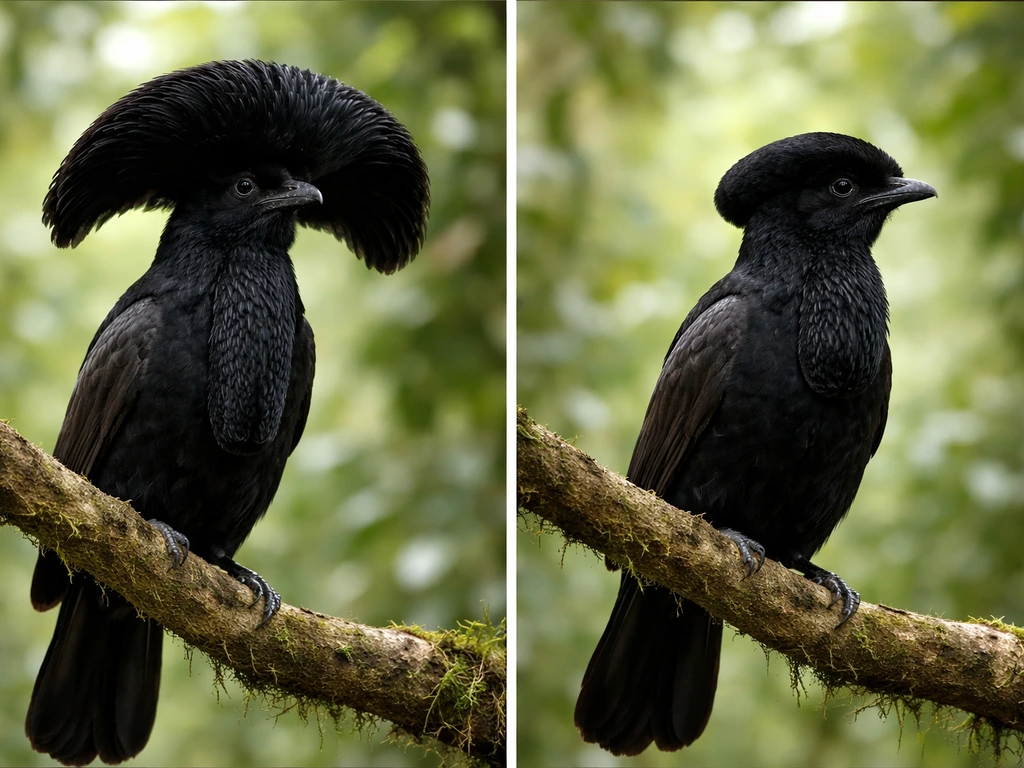 Close-up of a male umbrella bird showing its arched crest, beside a simpler silhouette for comparison