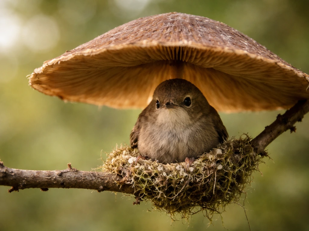 An anonymous small bird with an umbrella-like crest shelters its tiny nest on a branch.