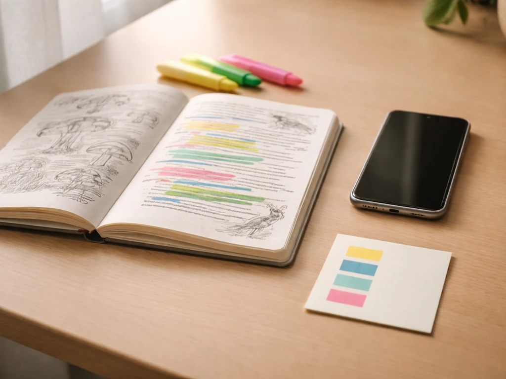 Desk scene with open field-guide notebook, smartphone, and highlighted colored cues for a context-checklist.