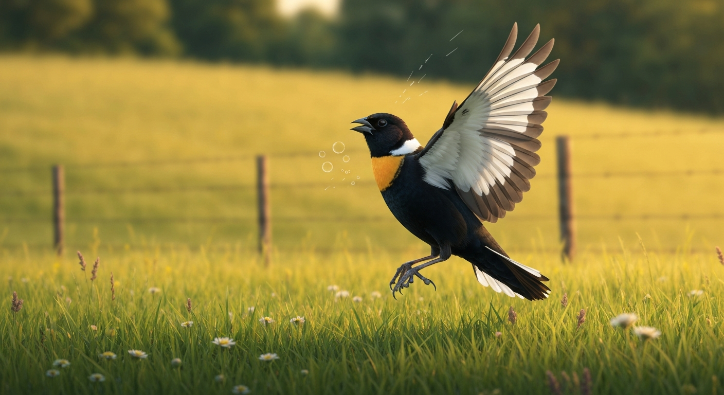 Illustration of a male bobolink in breeding plumage hovering and singing above a sunlit hay meadow.