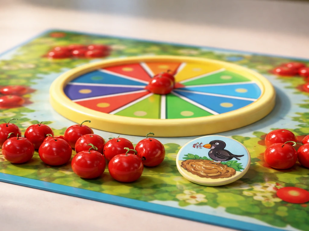 Close-up of the Hi Ho! Cherry-O board game spinner and cherries with a bird-shaped game piece on top.