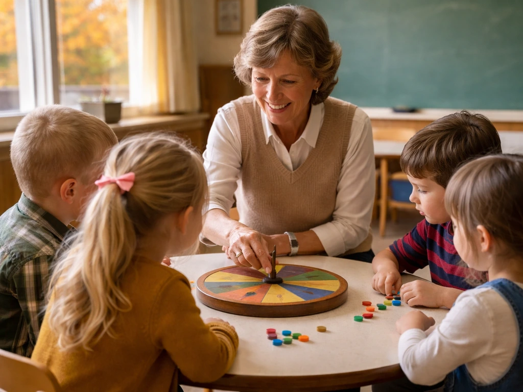 Teacher in a small Wisconsin classroom plays a vintage spinner counting game at a table.