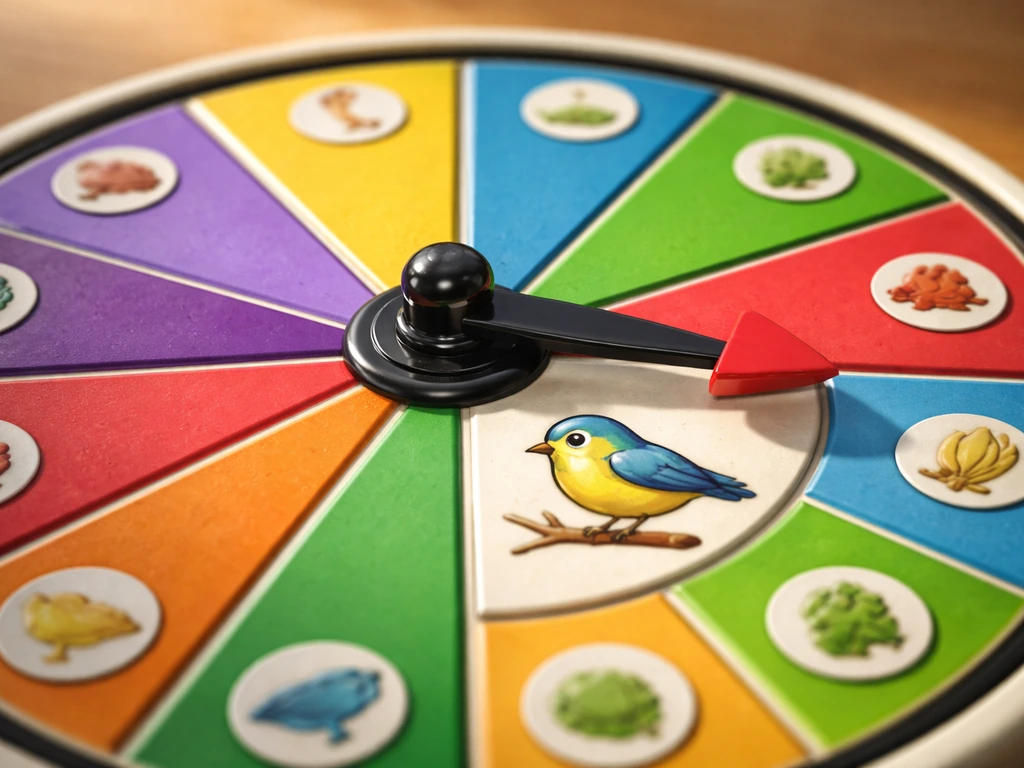 Close-up of a game spinner wheel highlighting a bird-themed outcome space.