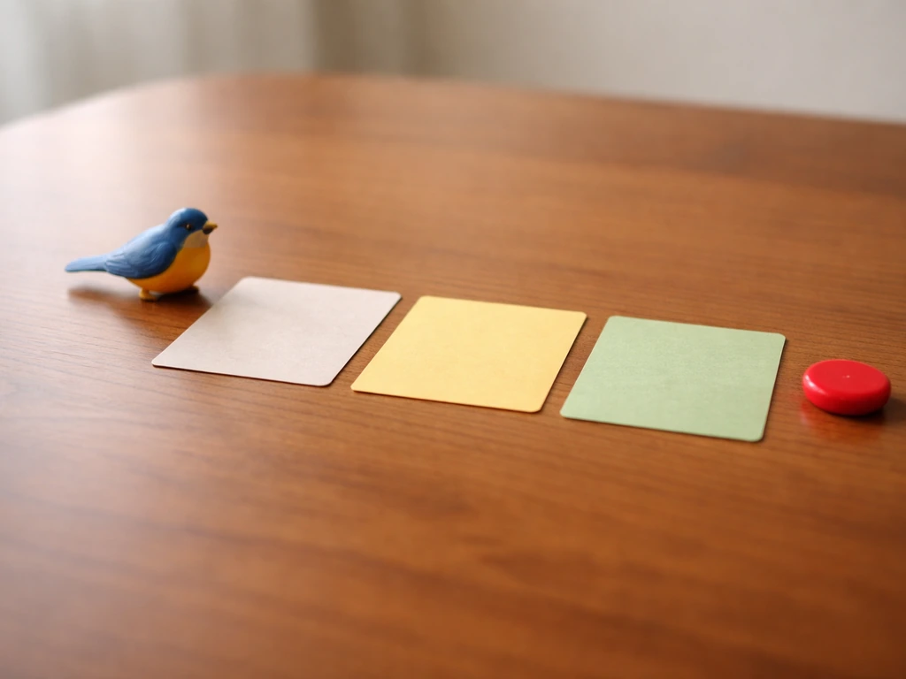 Minimal tabletop scene with blank game tiles and a small toy bird by a cherry-red piece.