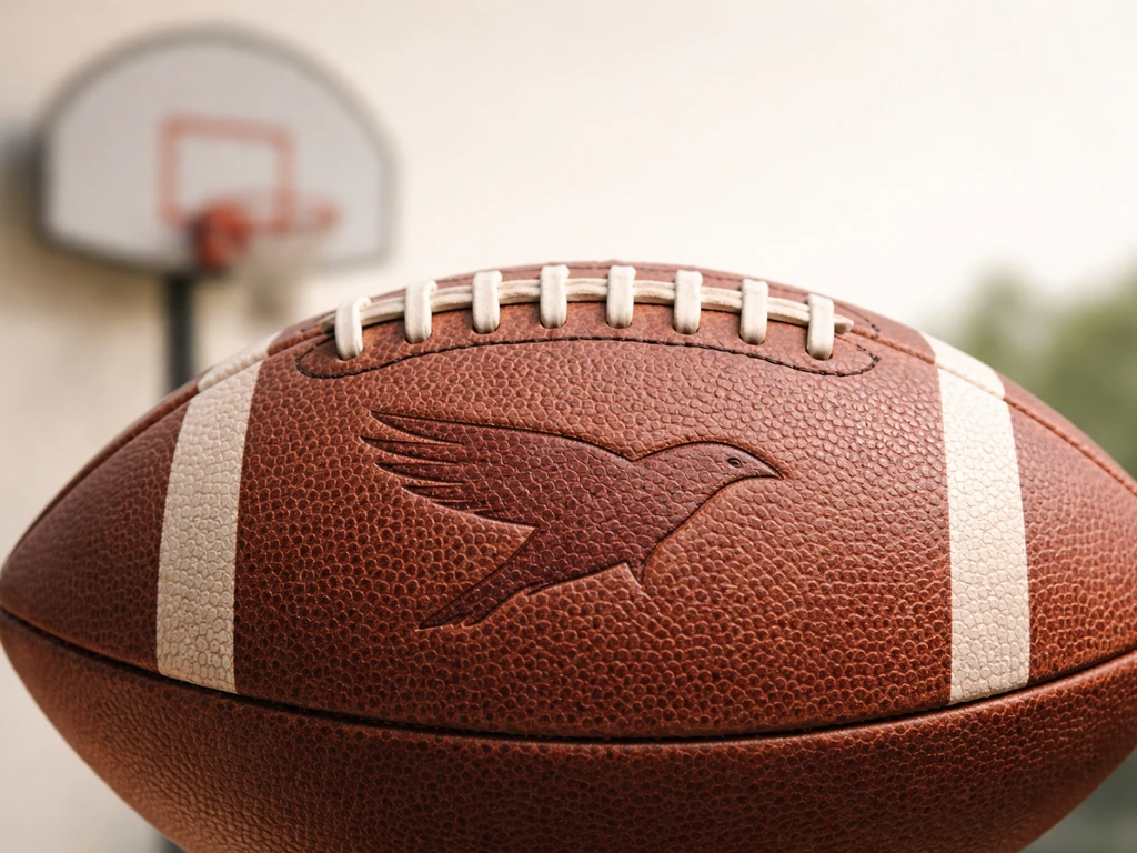 Close-up of a football with a subtle bird silhouette motif, suggesting sports and mascot symbolism.