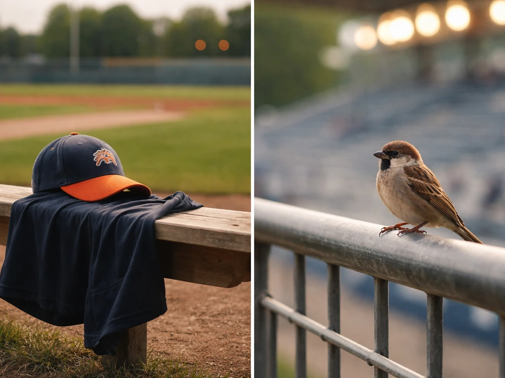 Split photo: sports gear on one side and a perched sparrow on a stadium railing on the other.
